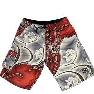 Rusty Board Shorts Men's 34 Red Gray Floral Surf Swim Y2K w/ Wax Comb